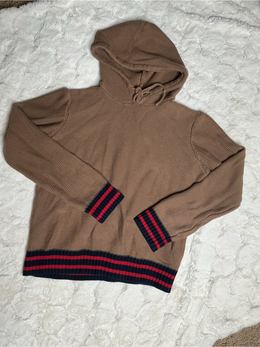 Forever21 Men's Hooded Waffle-Knit Sweater in Brown with Stripe Trim